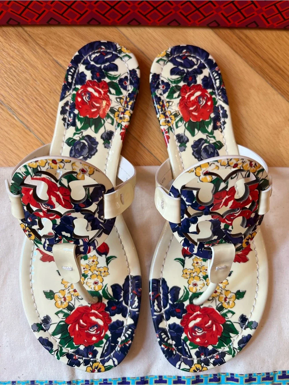 Tory Burch Ivory Tea Rose Floral Printed Patent Leather Miller Sandals